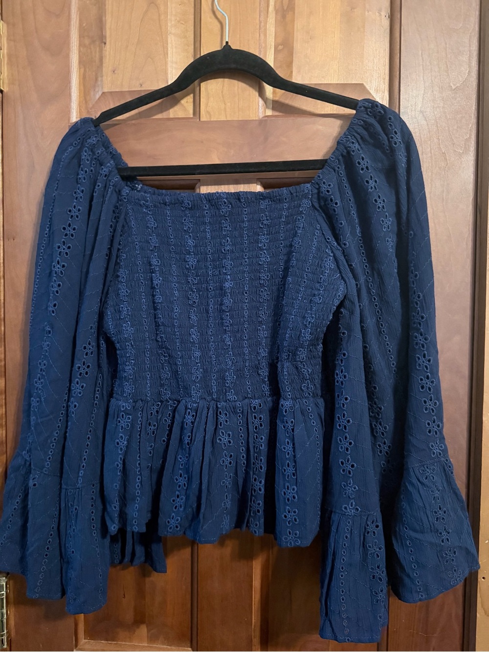 Angie’s Women’s Navy Eyelet Smocked Peasant Top - Picture 6 of 7